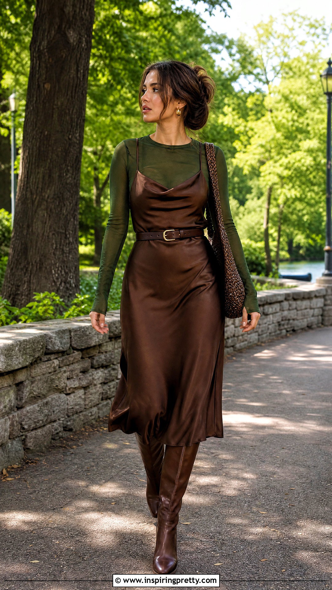 Green Mesh Top Under Brown Slip Dress - 25 Long Sleeve Mesh Top Under Dress outfit ideas