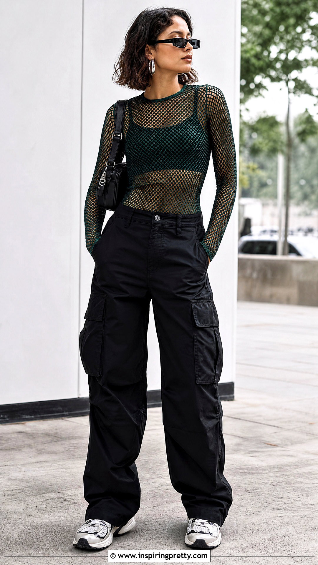 Green Mesh Top With Black Cargo Pants - 50 mesh top outfit aesthetic ideas
