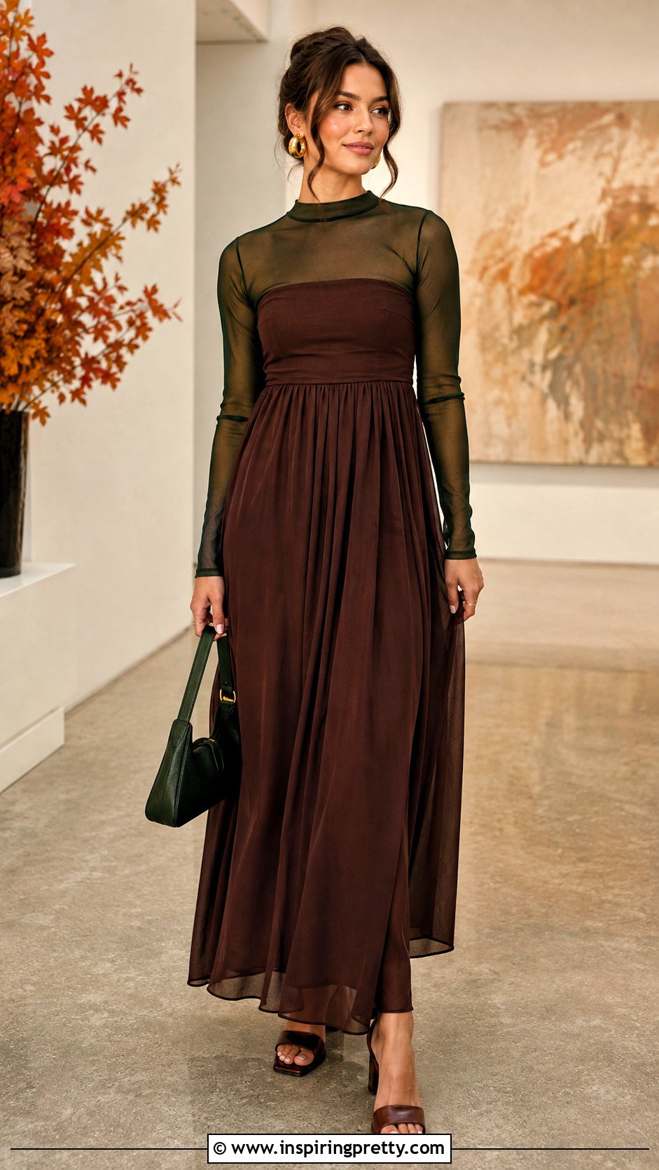 Green Mesh Top With Brown Strapless Maxi Dress - 25 mesh top under strapless dress outfit ideas
