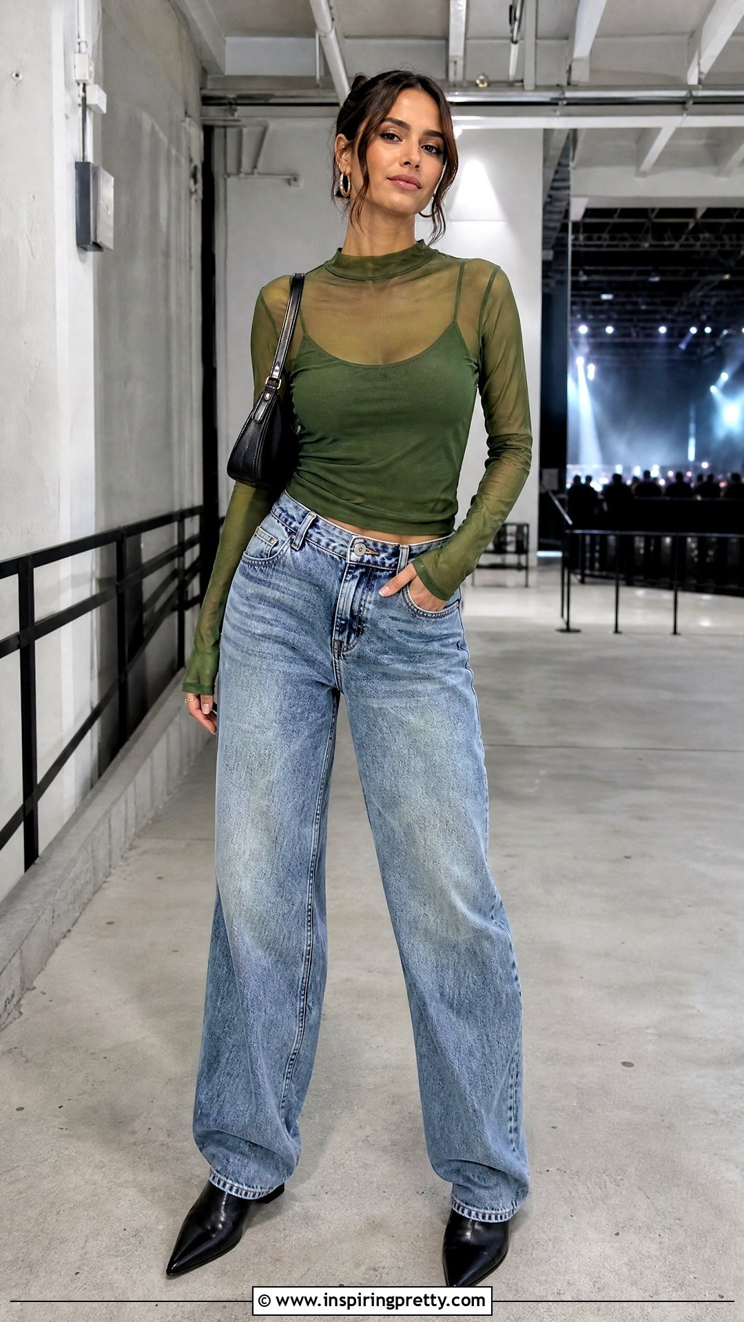 Green Mesh Top With Loose Jeans - 50 green top and jeans outfit ideas