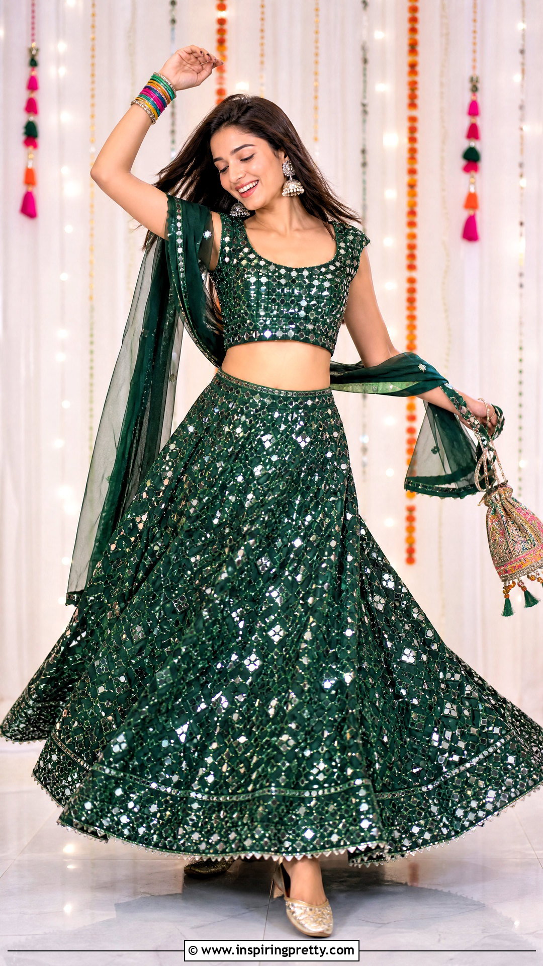 Green Mirror Work Crop Top Lehenga - 50 crop top lehenga designs