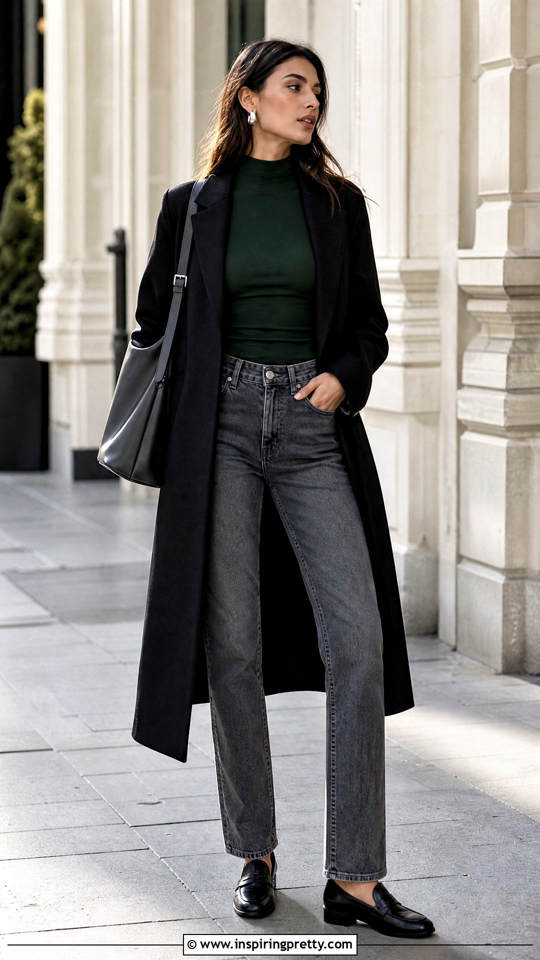Green Mock Neck Top With Gray Jeans - 50 green top and jeans outfit ideas