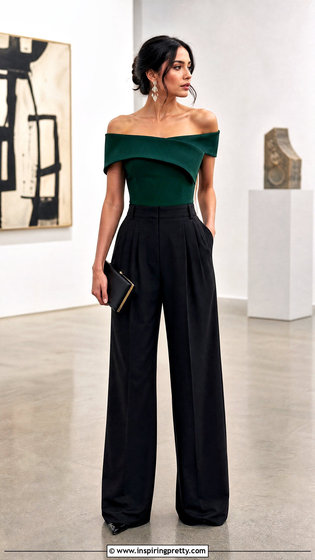 Green Off Shoulder Top With Wide Leg Trousers - 20 Green Top Fashion Trend outfit ideas