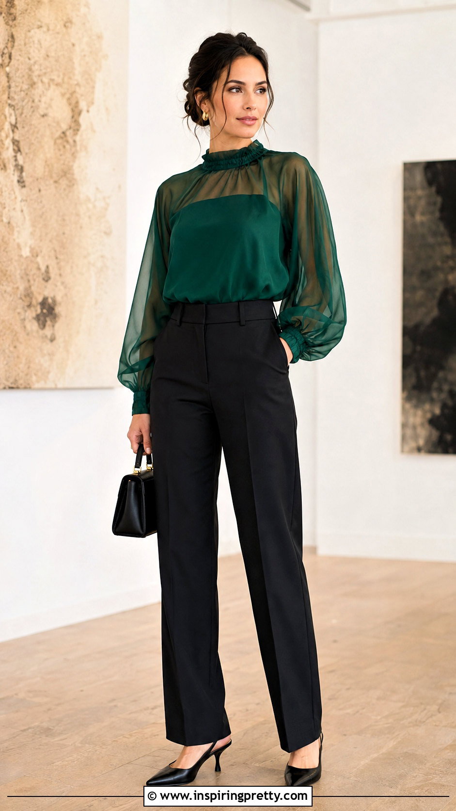 Green Organza Top With Black Trousers - 50 Organza Top Outfit ideas