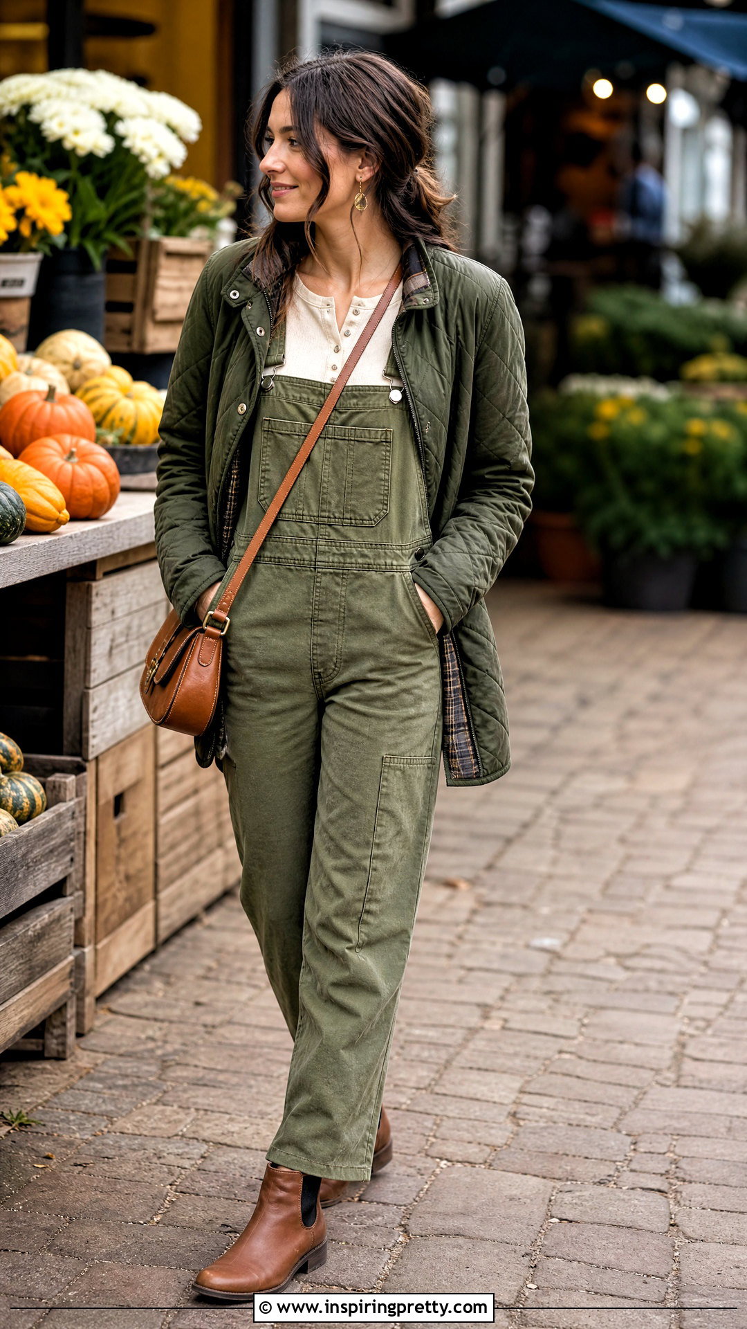 Green Overalls With Cream Henley Shirt - 25 Overall Top Shirt outfit ideas