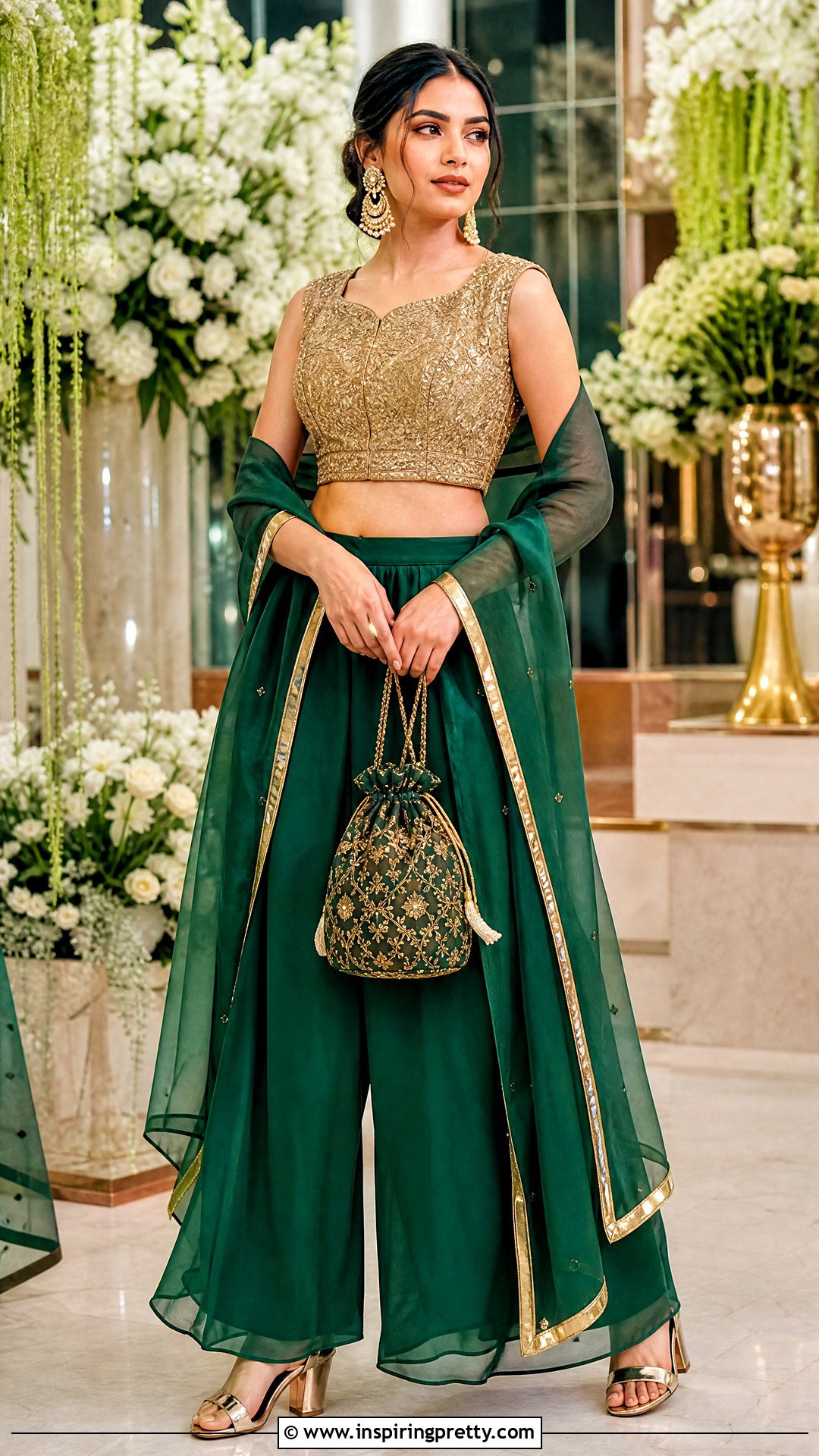 Green Palazzo With Gold Crop Top And Dupatta - 20 plazzo with crop top and dupatta outfit ideas