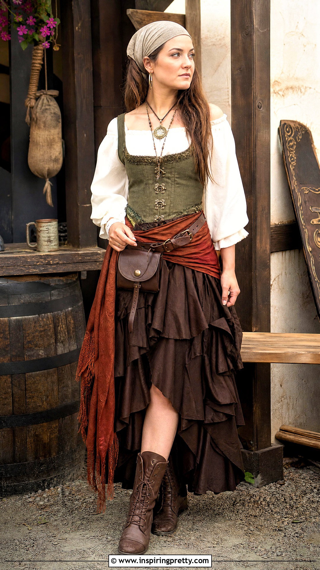 Green Pirate Corset With Brown Skirt - 25 female pirate top outfit ideas