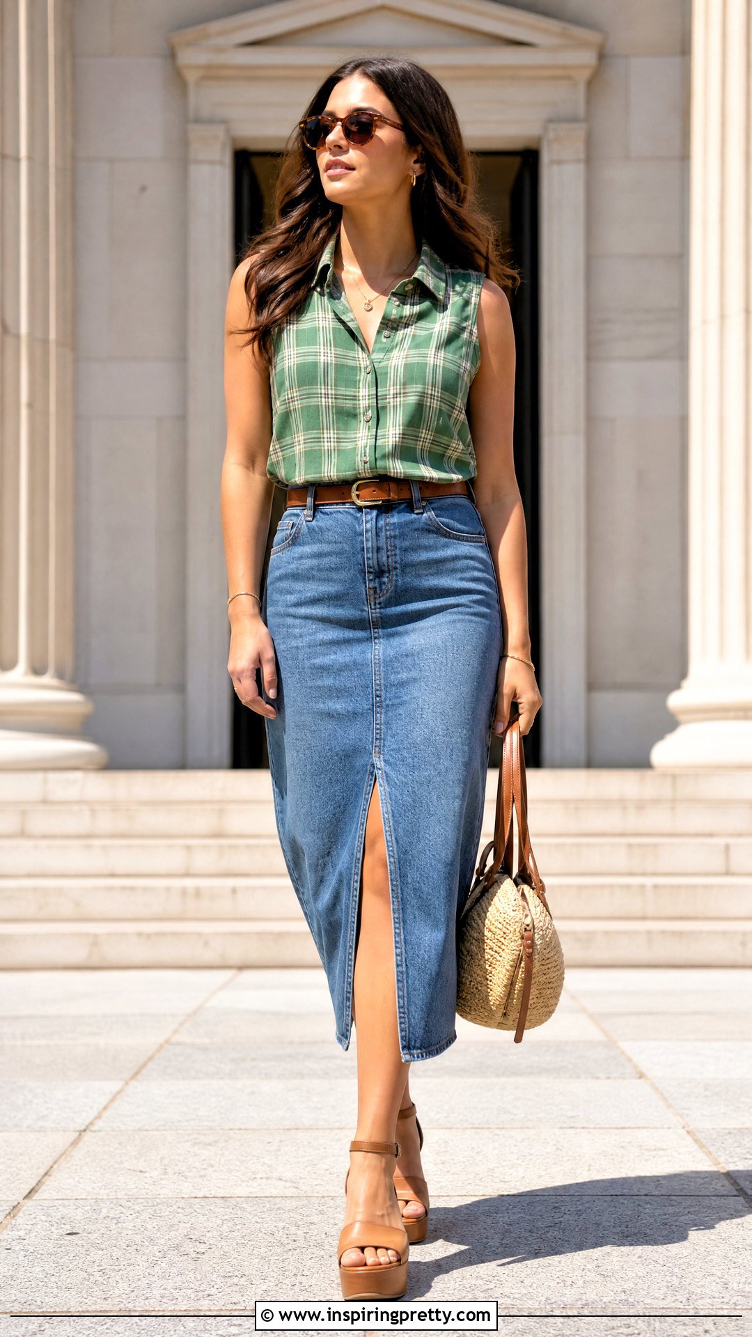 Green Plaid Summer Top With Denim Midi Skirt - 20 green plaid summer top outfit ideas