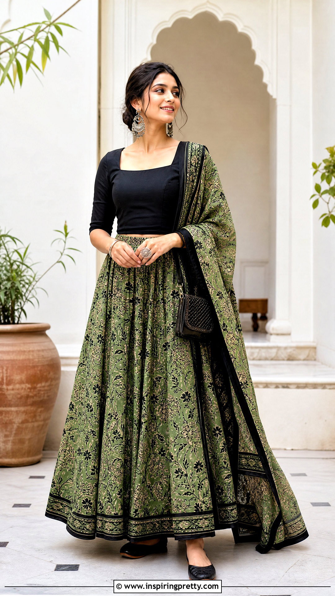 Green Printed Skirt With Black Blouse - 50 skirt top indian outfit ideas