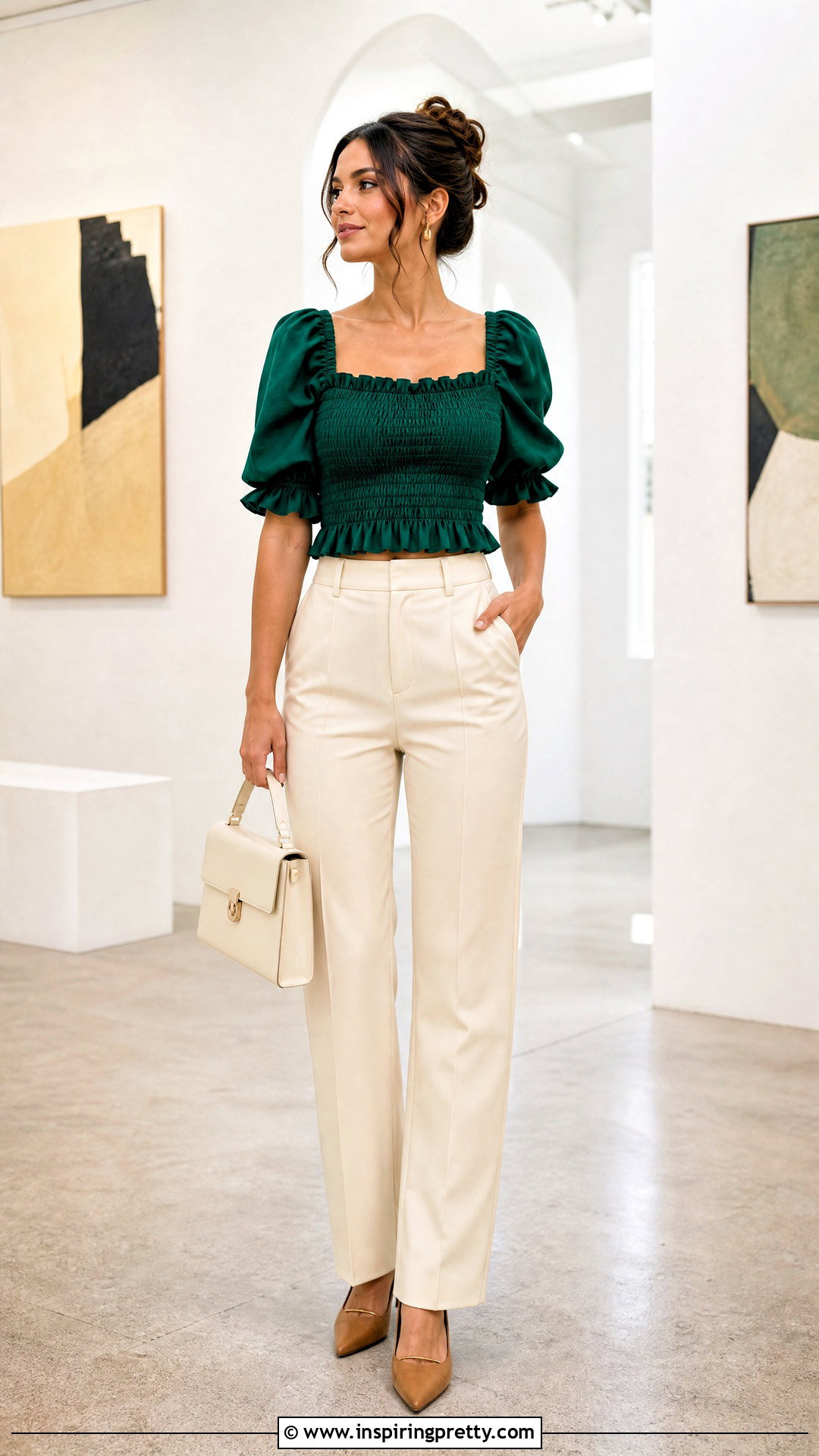 Green Puff Sleeve Ruffled Crop Top With Cream Trousers - 20 colorful ruffled crop tops outfit ideas