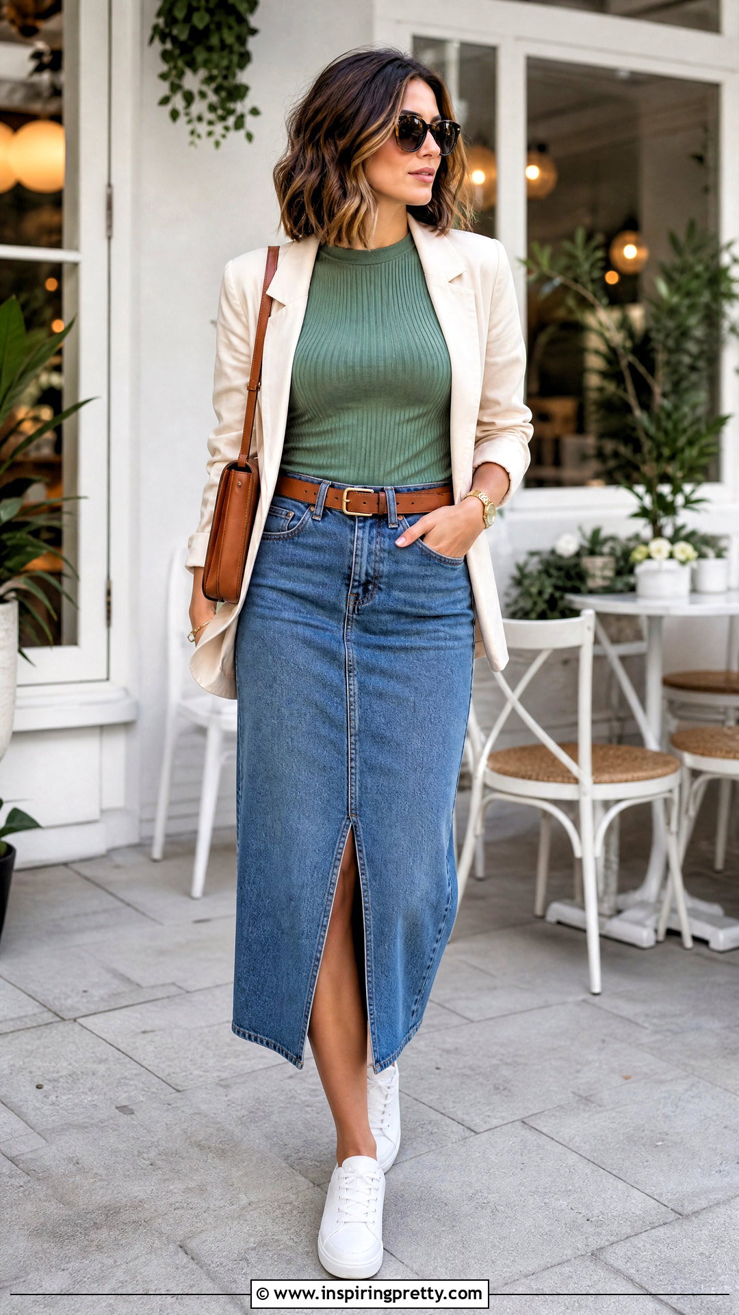 Green Ribbed Top With Denim Midi Skirt - 50 green tops outfit ideas