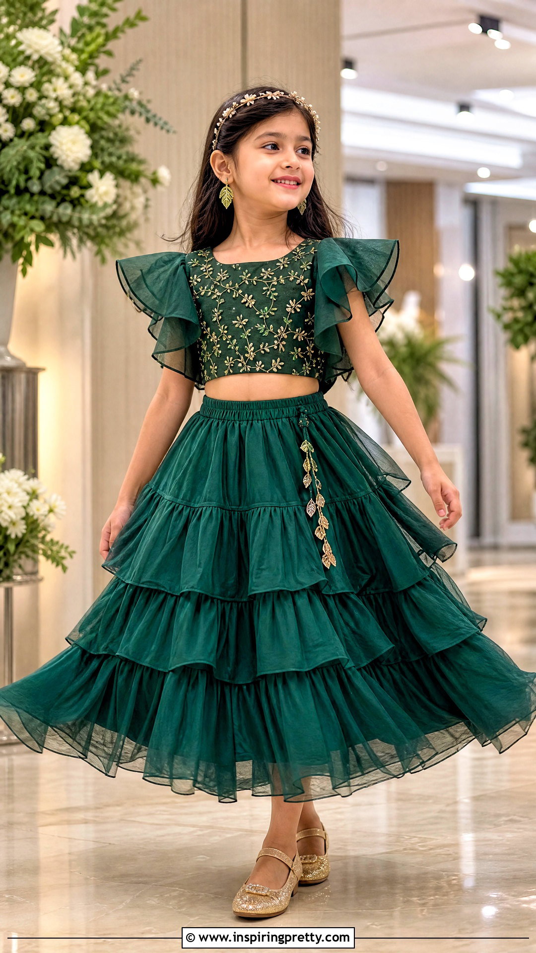 Green Ruffle Kids Crop Top Lehenga - 50 kids crop top lehenga designs