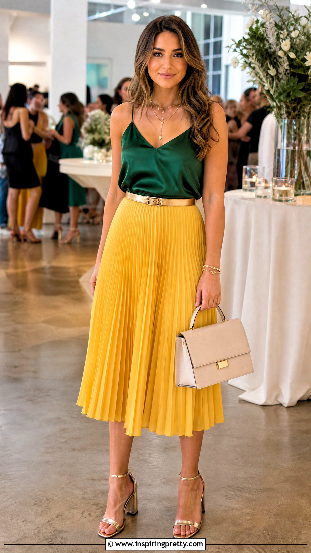Green Satin Top Yellow Midi Skirt Outfit - 20 1989 Green Top Yellow Skirt outfit ideas