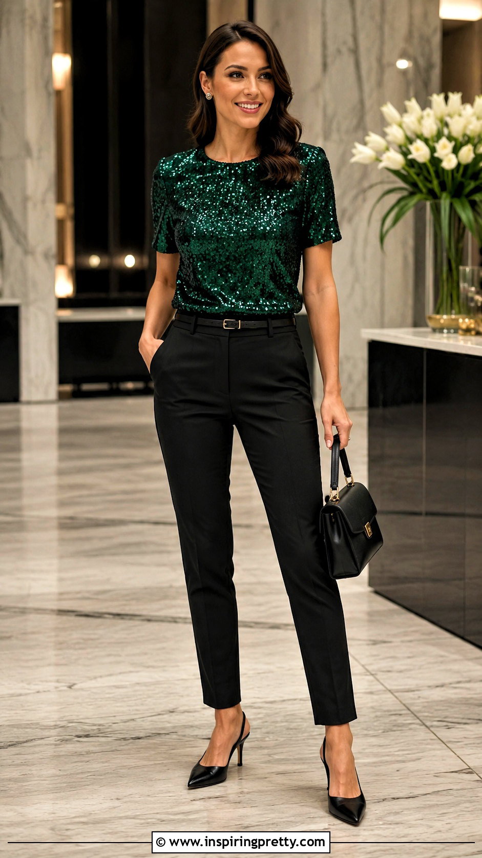 Green Sequin Top With Black Trousers - 50 sparkly tops outfit ideas