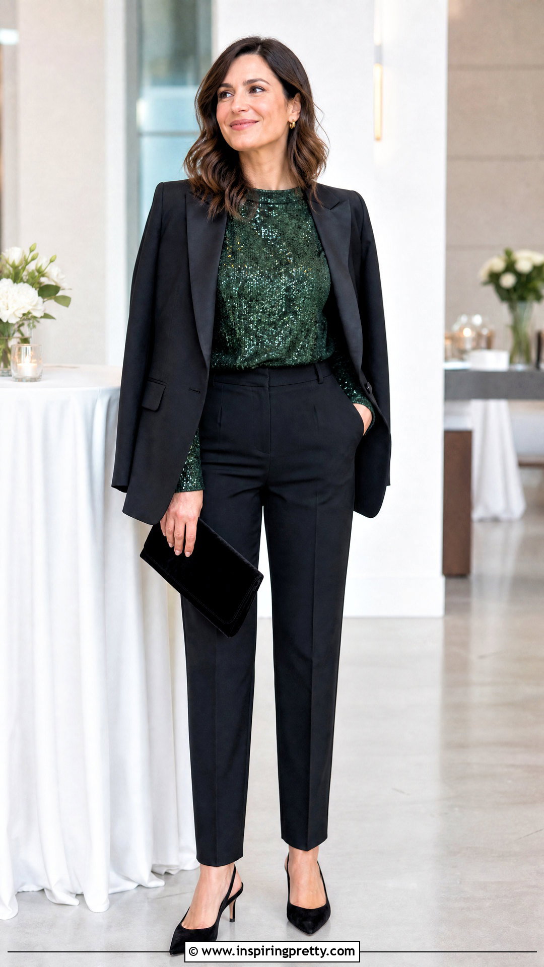 Green Sequin Top With Black Trousers - 20 festive sequin top inspirations