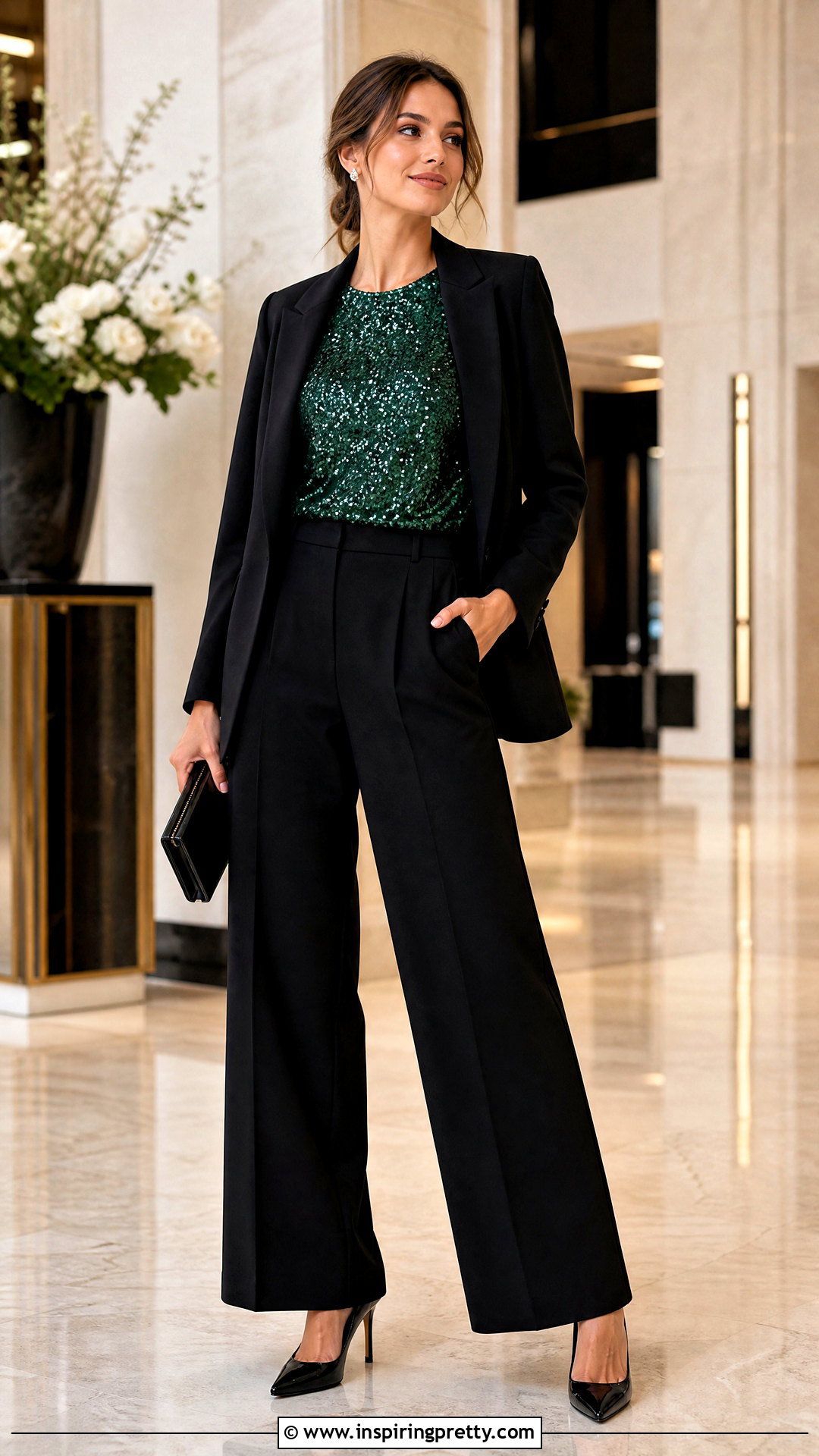 Green Sequin Top With Tailored Pants - 50 green tops outfit ideas