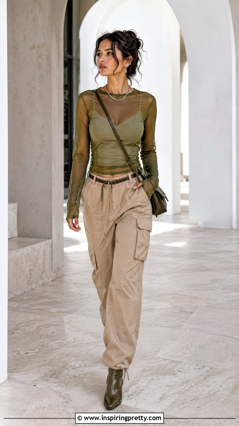 Green Sheer Long Sleeve Top With Cargo Pants - 50 sheer long sleeve top outfit ideas
