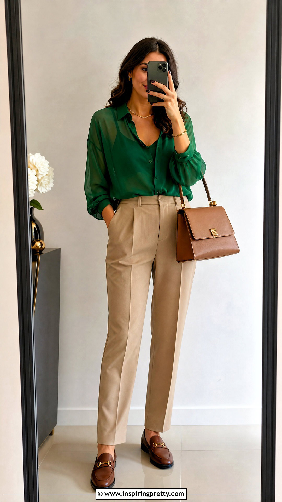 Green Sheer Top With Neutral Trousers Selfie - 25 Sheer Top Selfie ideas