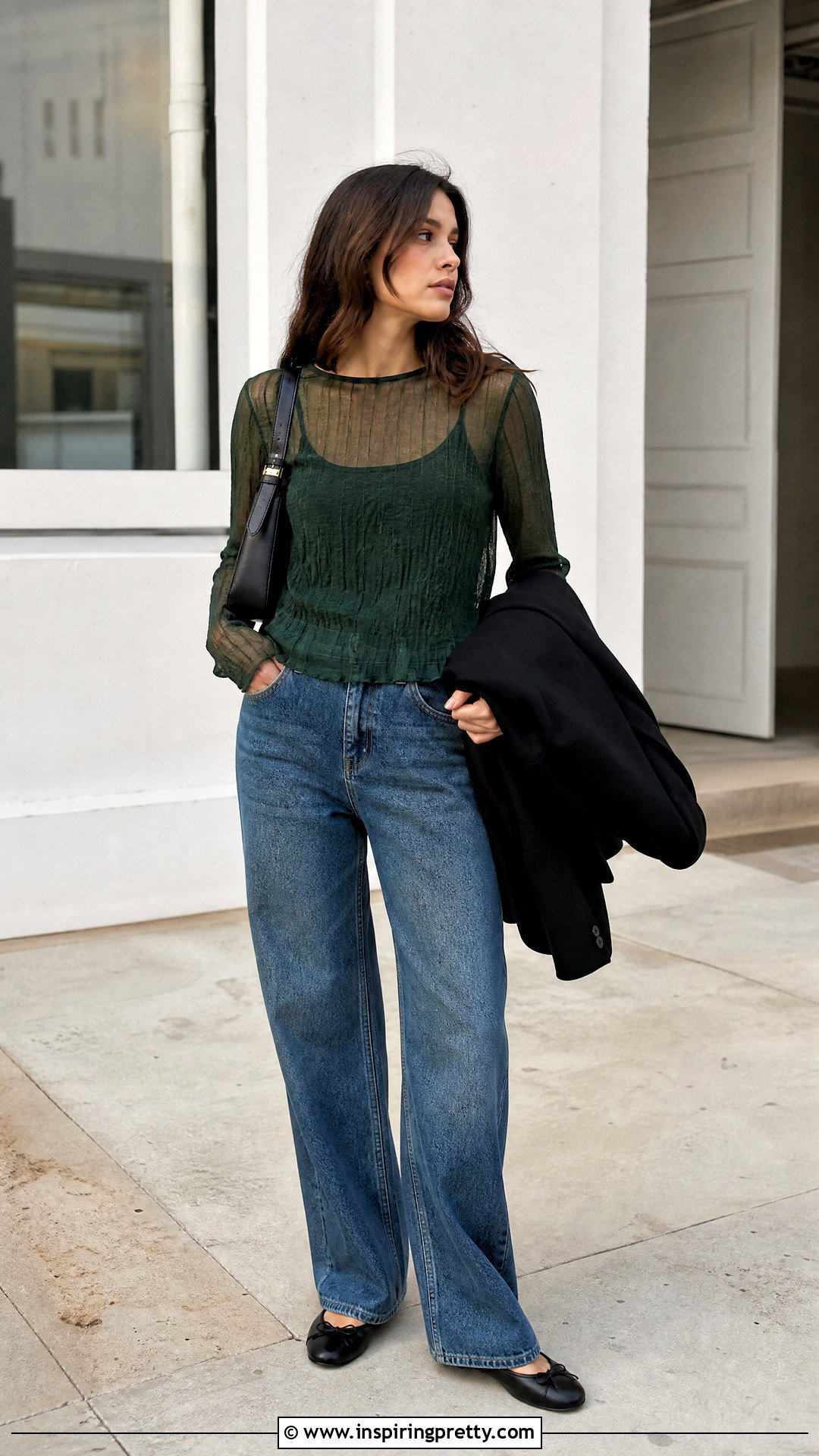 Green Sheer Top With Relaxed Jeans - 50 green tops outfit ideas