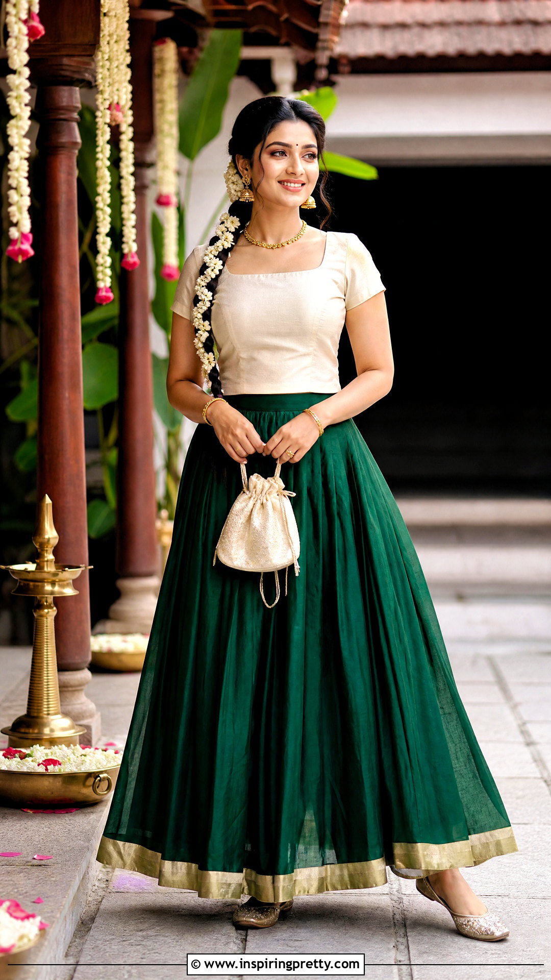 Green Skirt And Cream Kasavu Top - 50 onam skirt and top designs