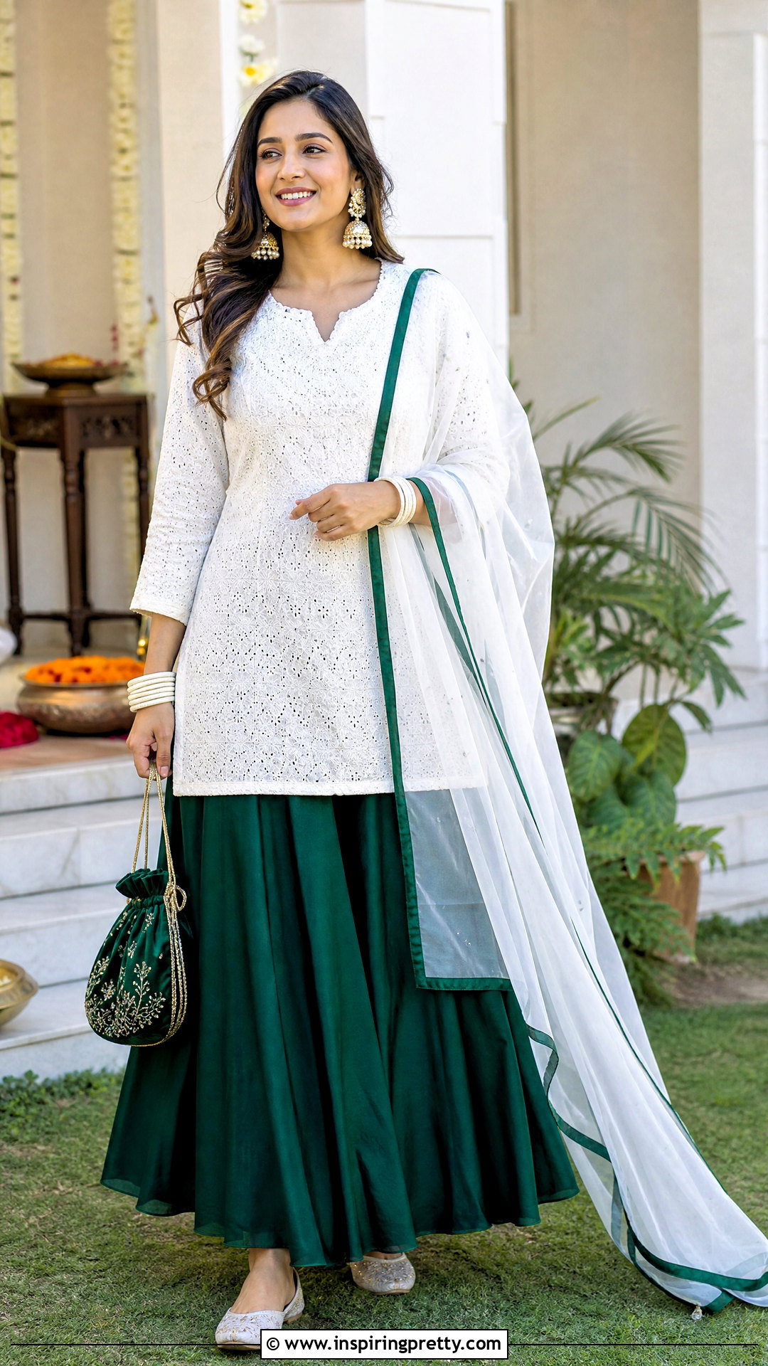 Green Skirt With White Chikankari Blouse - 50 skirt top indian outfit ideas