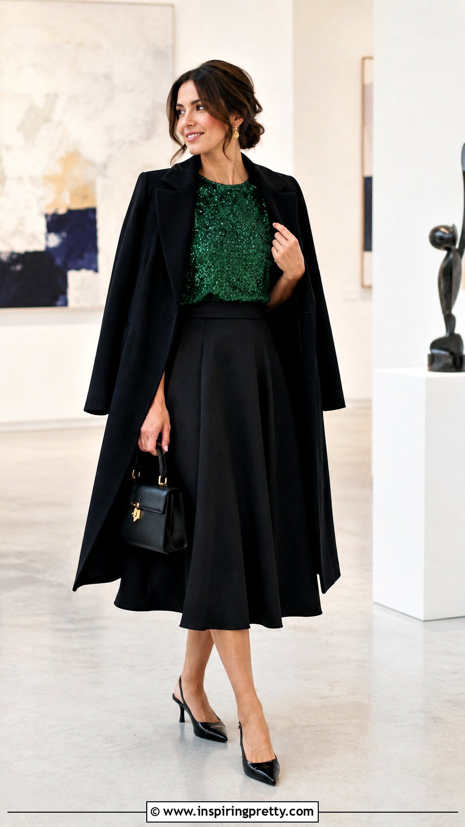 Green Sparkle Top With Black Midi Skirt - 50 sparkle top outfit ideas