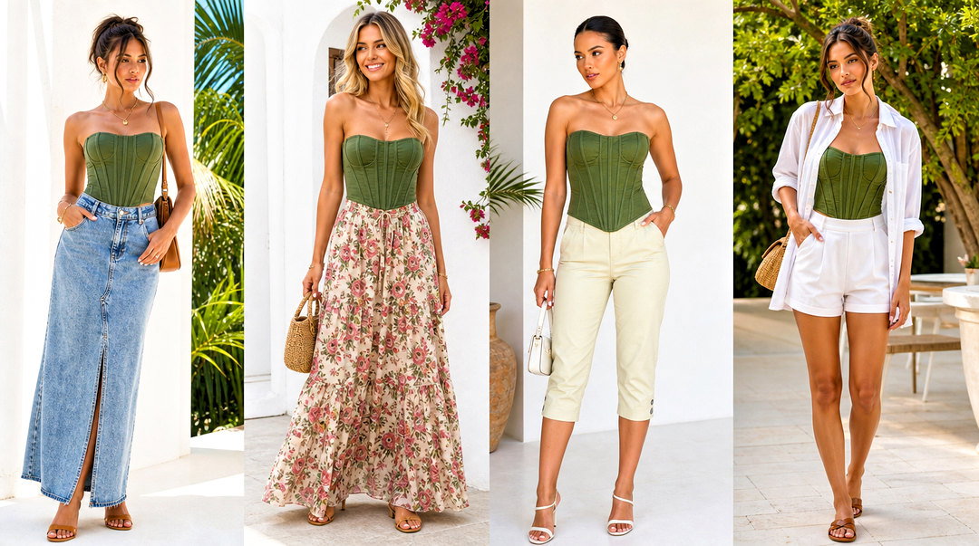 20 Green Strapless Corset Top Outfit Ideas for Nights Out