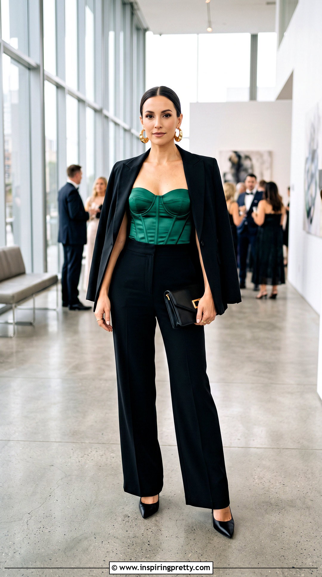 Green Strapless Corset Top With Black Trousers - 20 green strapless corset top outfit ideas