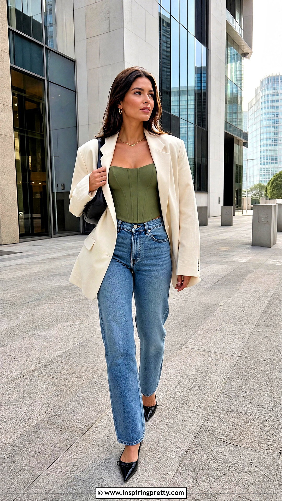 Green Strapless Corset Top With Blazer And Jeans - 20 green strapless corset top outfit ideas
