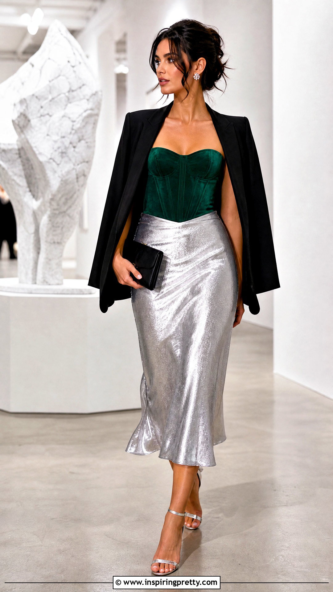 Green Strapless Corset Top With Metallic Midi Skirt - 20 green strapless corset top outfit ideas