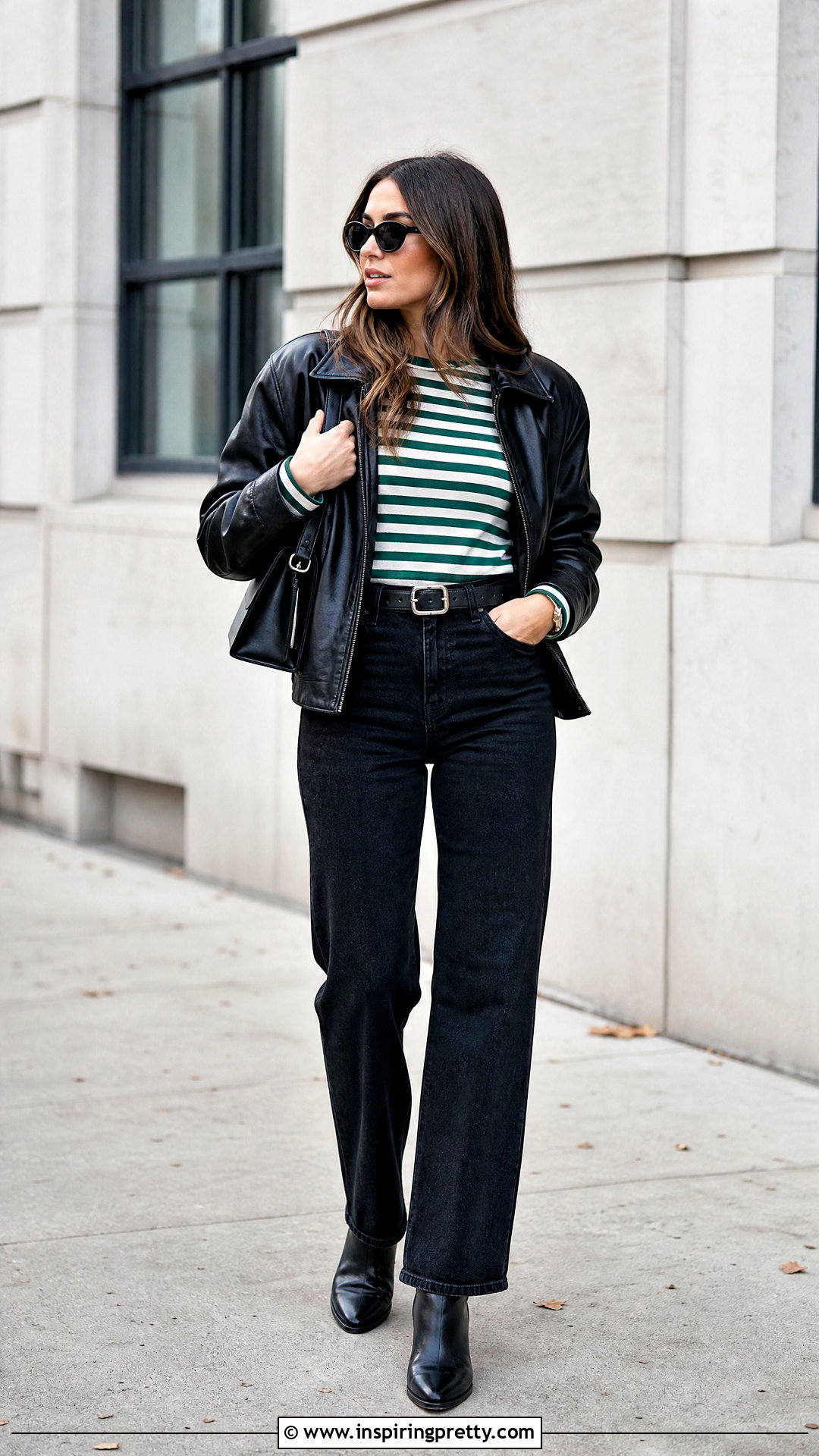 Green Striped Long Sleeve Top With Black Jeans And Leather Jacket - 20 Green Striped Long-Sleeve Top outfit ideas