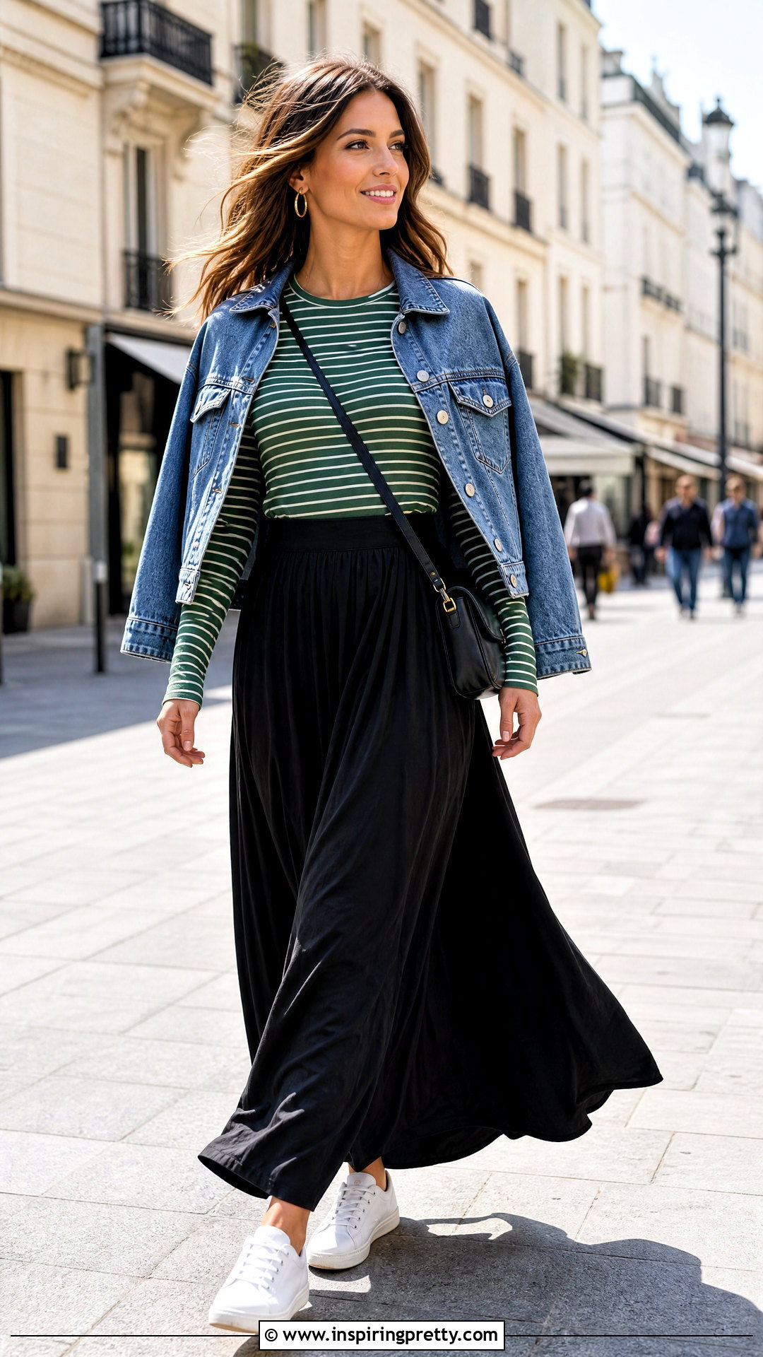 Green Striped Long Sleeve Top With Black Maxi Skirt - 20 Green Striped Long-Sleeve Top outfit ideas
