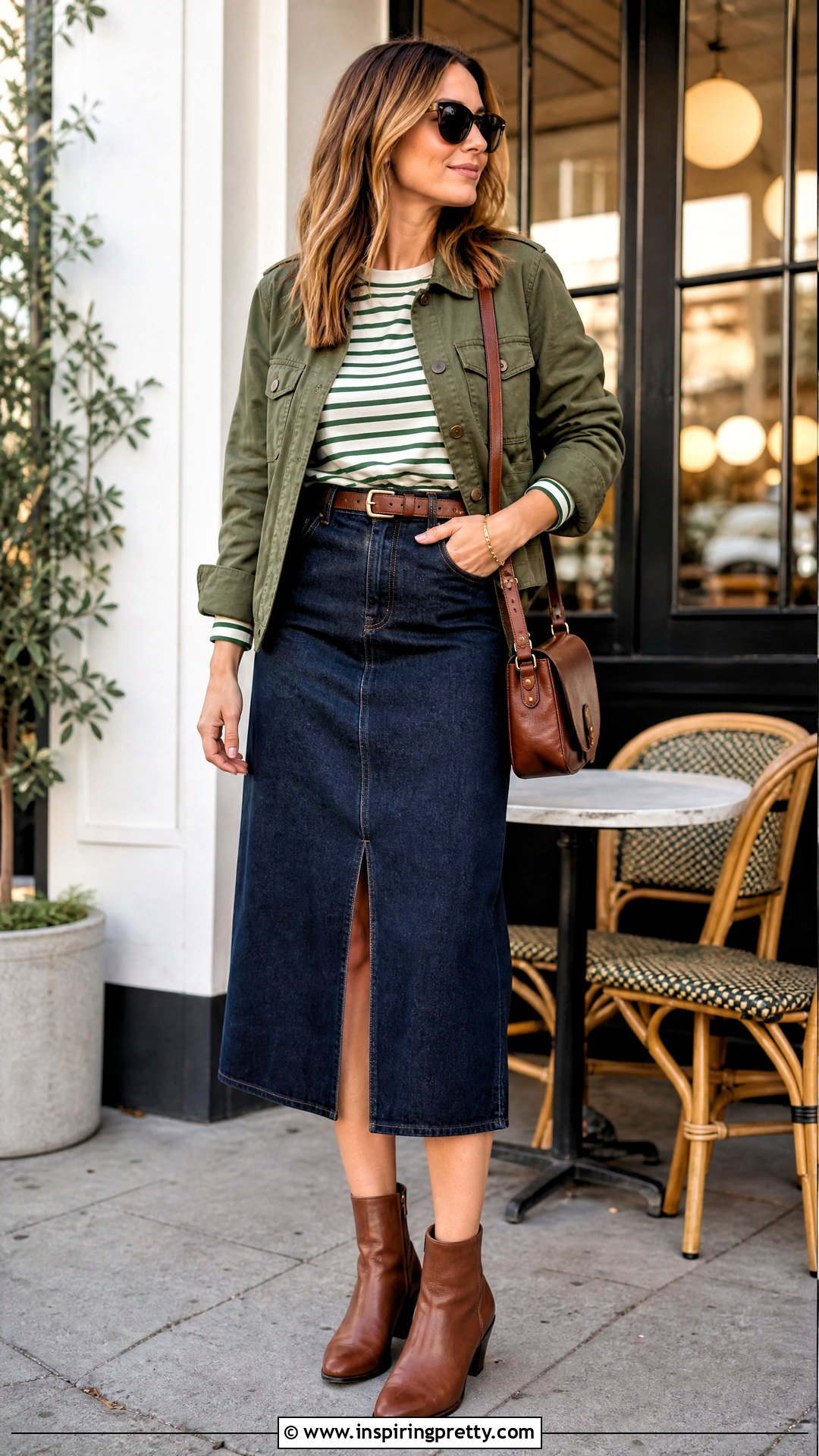 Green Striped Long Sleeve Top With Denim Midi Skirt - 20 Green Striped Long-Sleeve Top outfit ideas