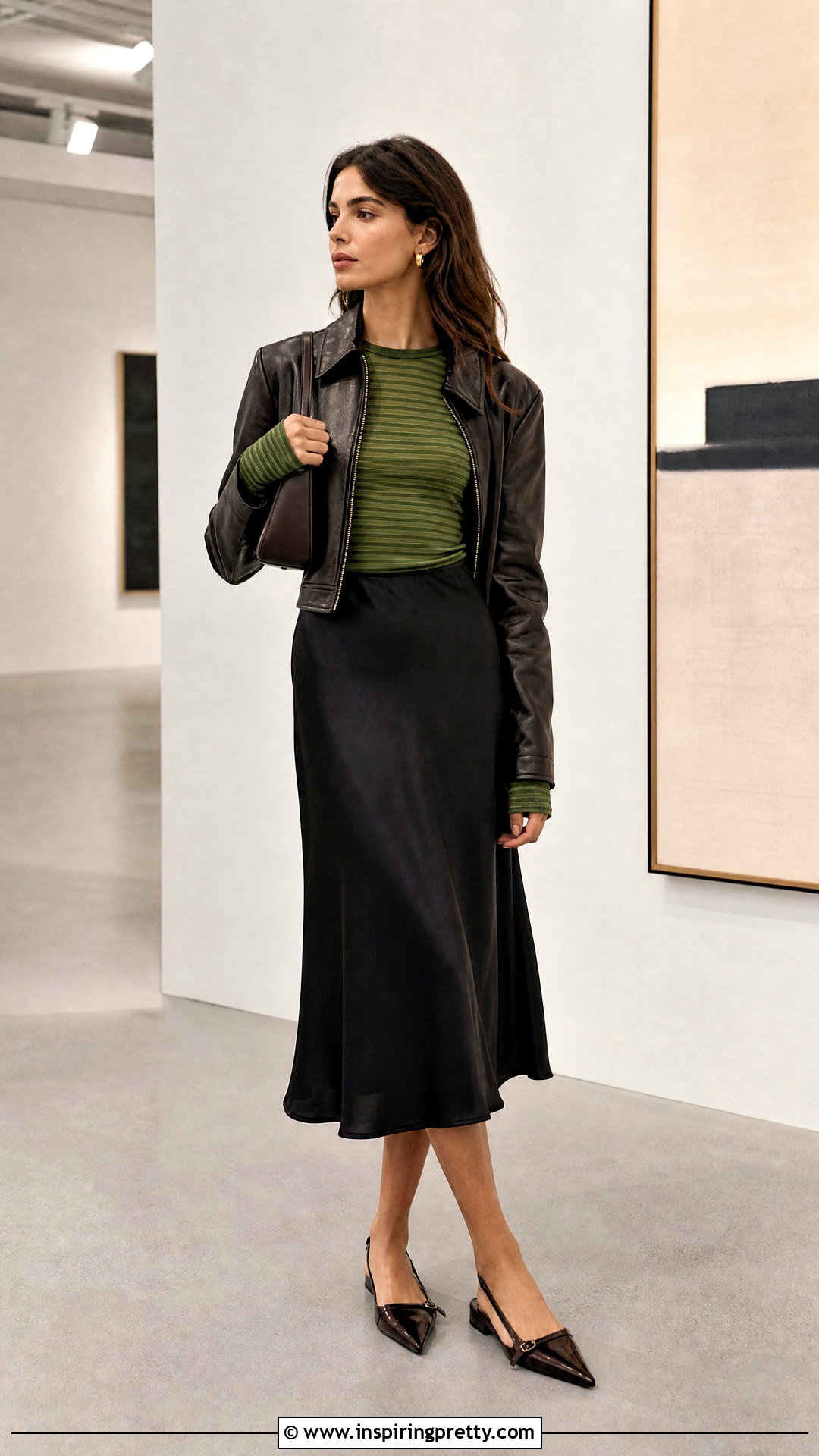Green Striped Long Sleeve Top With Satin Midi Skirt - 20 Green Striped Long-Sleeve Top outfit ideas