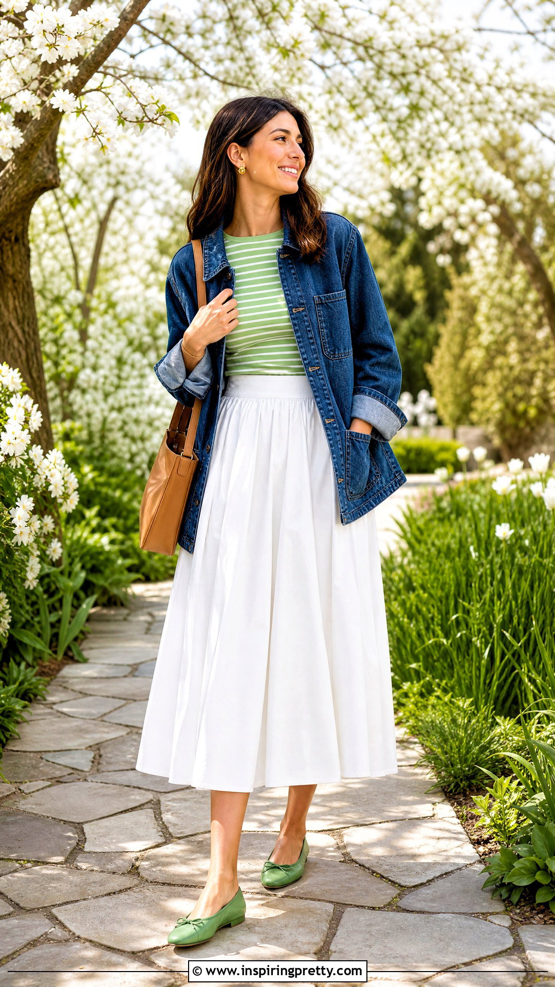 Green Striped Long Sleeve Top With White Midi Skirt - 20 Green Striped Long-Sleeve Top outfit ideas