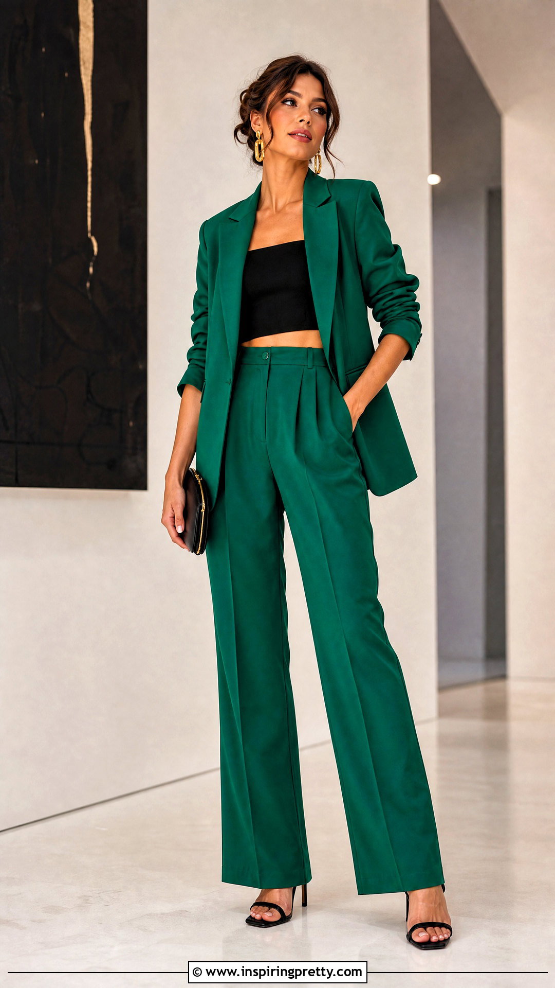 Green Suit With Black Crop Top Outfit - 25 Suits With Crop Tops outfit ideas