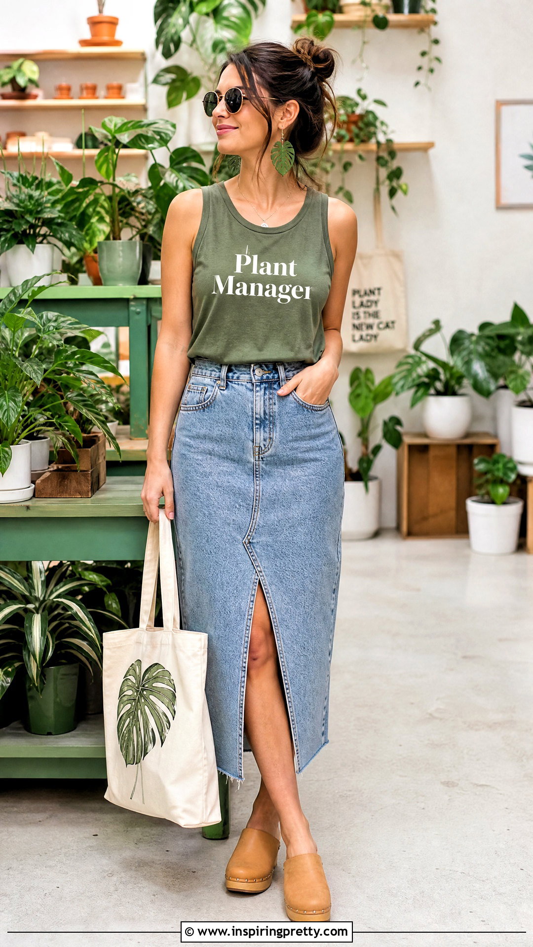 Green Tank Top With Denim Midi Skirt And Plant Manager Quote - 20 Green Tank Top With Humorous Quotes