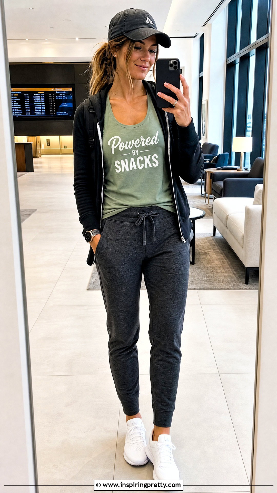 Green Tank Top With Joggers And Powered By Snacks Quote - 20 Green Tank Top With Humorous Quotes