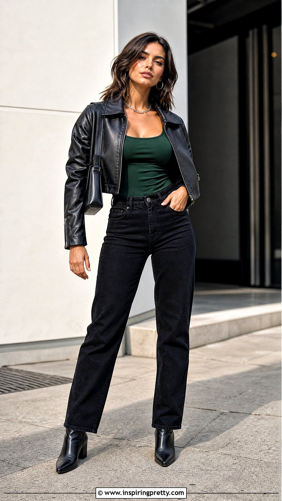 Green Tank Top With Leather Jacket And Black Jeans - 50 green tank top outfit ideas