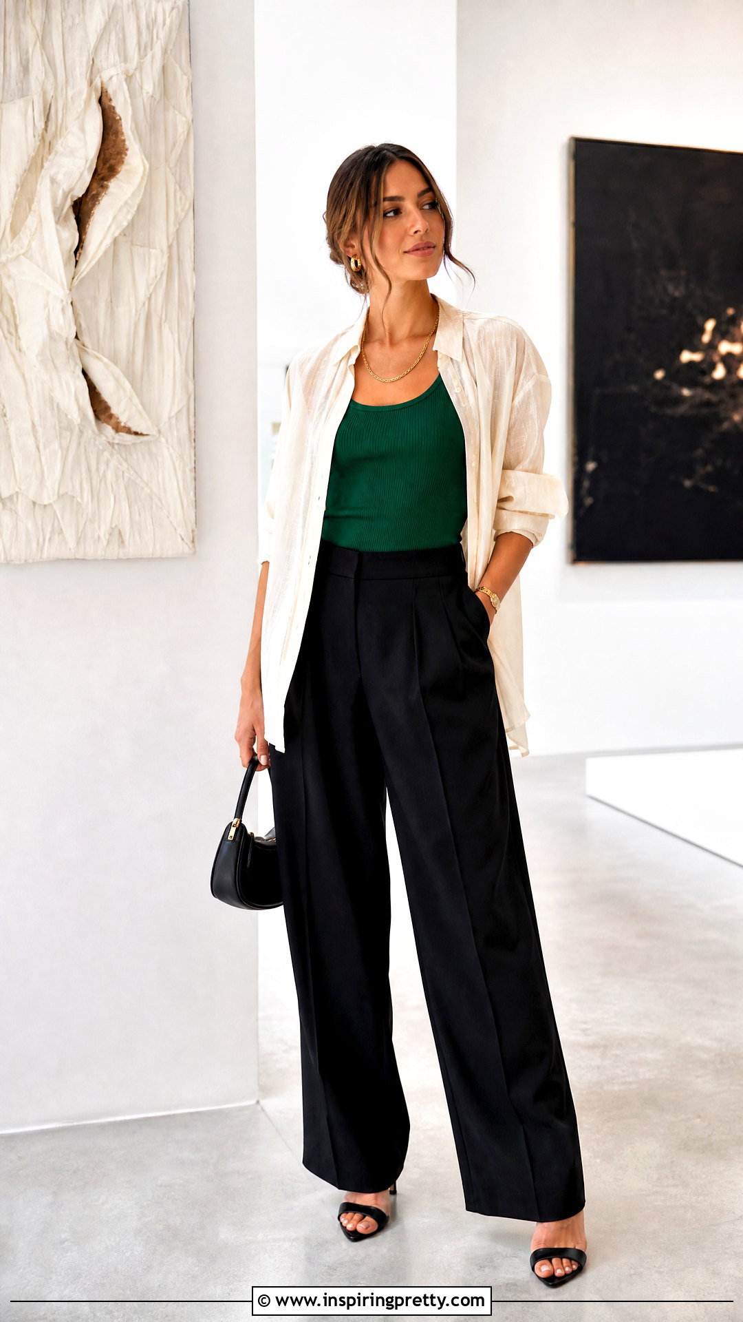 Green Tank Top With Sheer Overshirt And Trousers - 50 green tank top outfit ideas