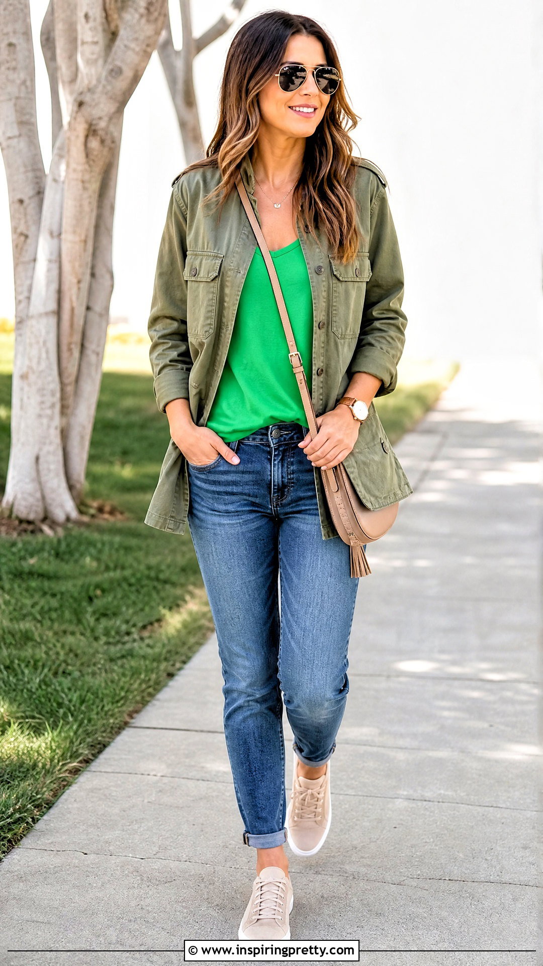 Green Tank Top With Utility Jacket And Jeans - 50 green tank top outfit ideas
