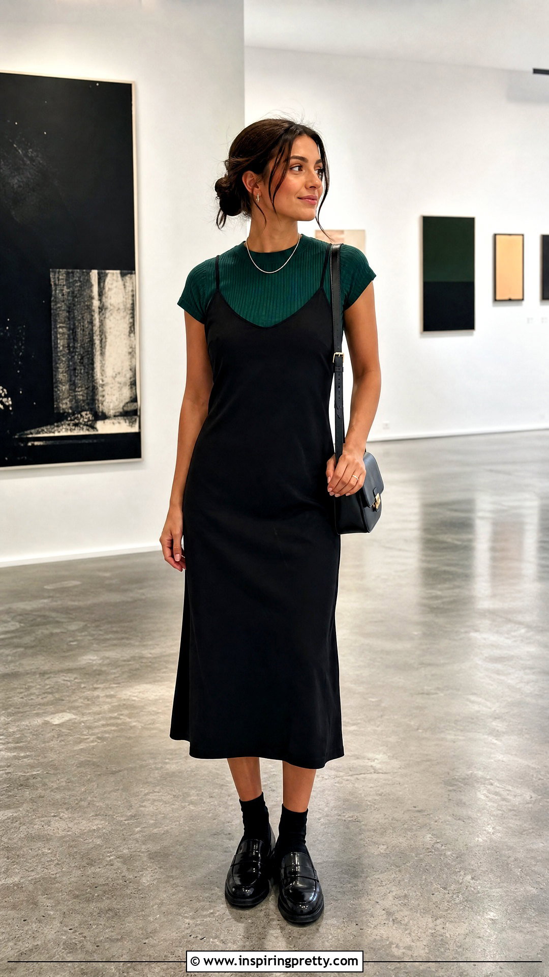 Green Top Under A Black Slip Dress - 50 green top outfit ideas