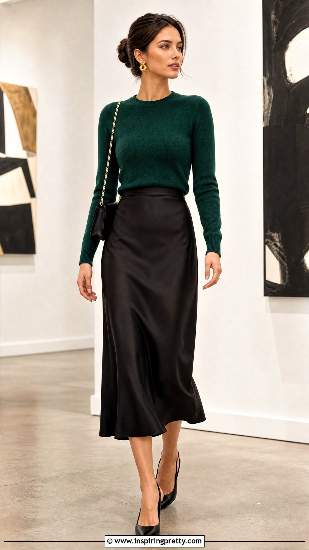 Green Top With Black Satin Midi Skirt - 50 green top outfit ideas