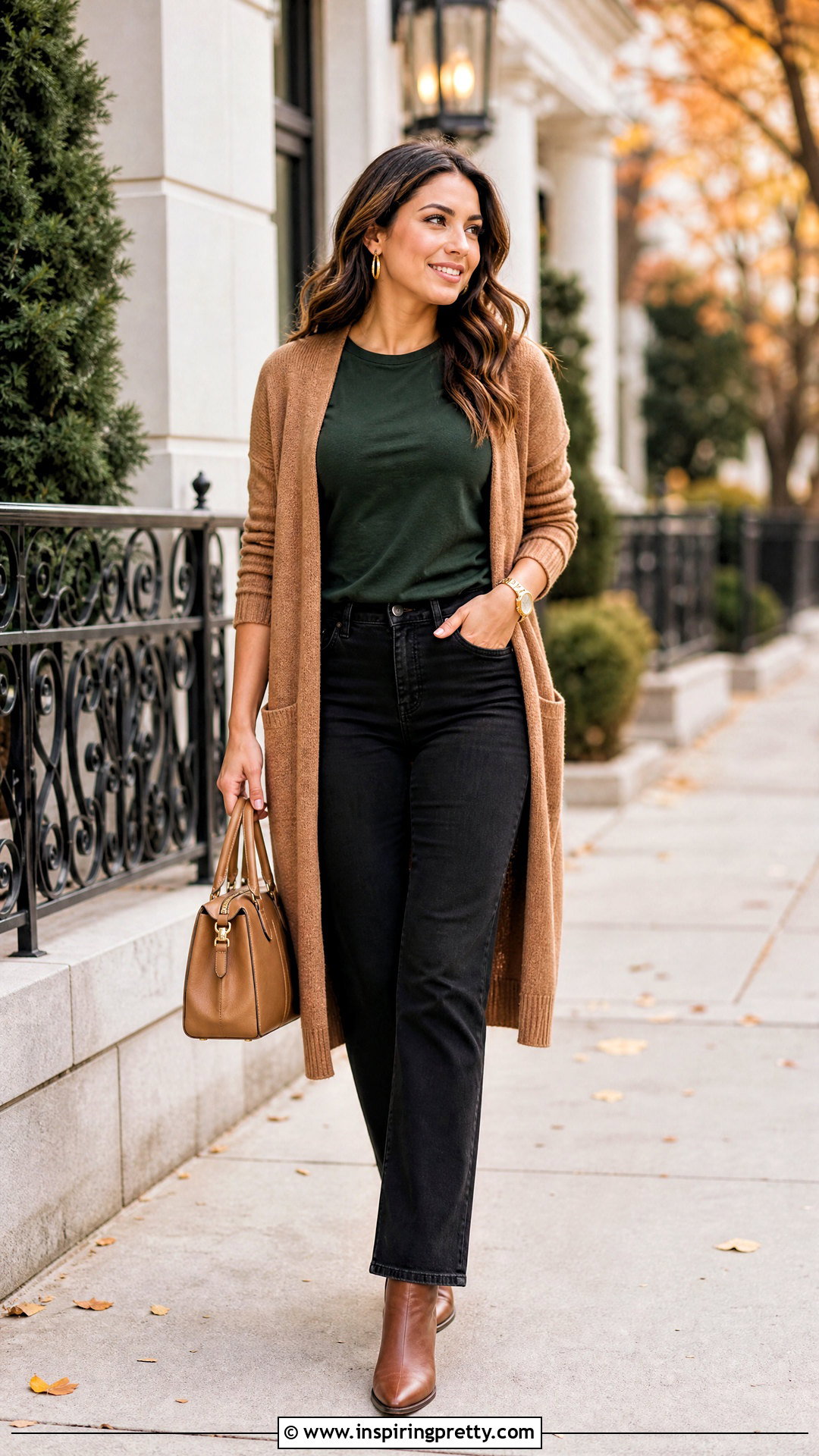 Green Top With Camel Cardigan And Black Jeans - 50 green top outfit ideas