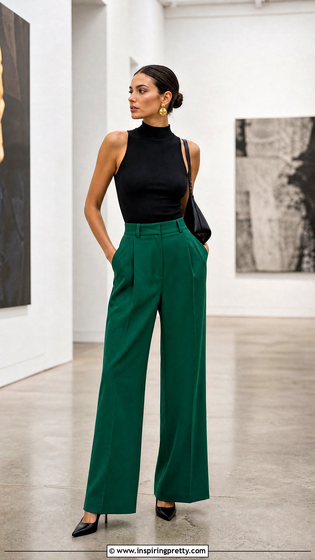 Green Trouser And Black Sleeveless Top Outfit - 50 Trouser And Top outfit ideas