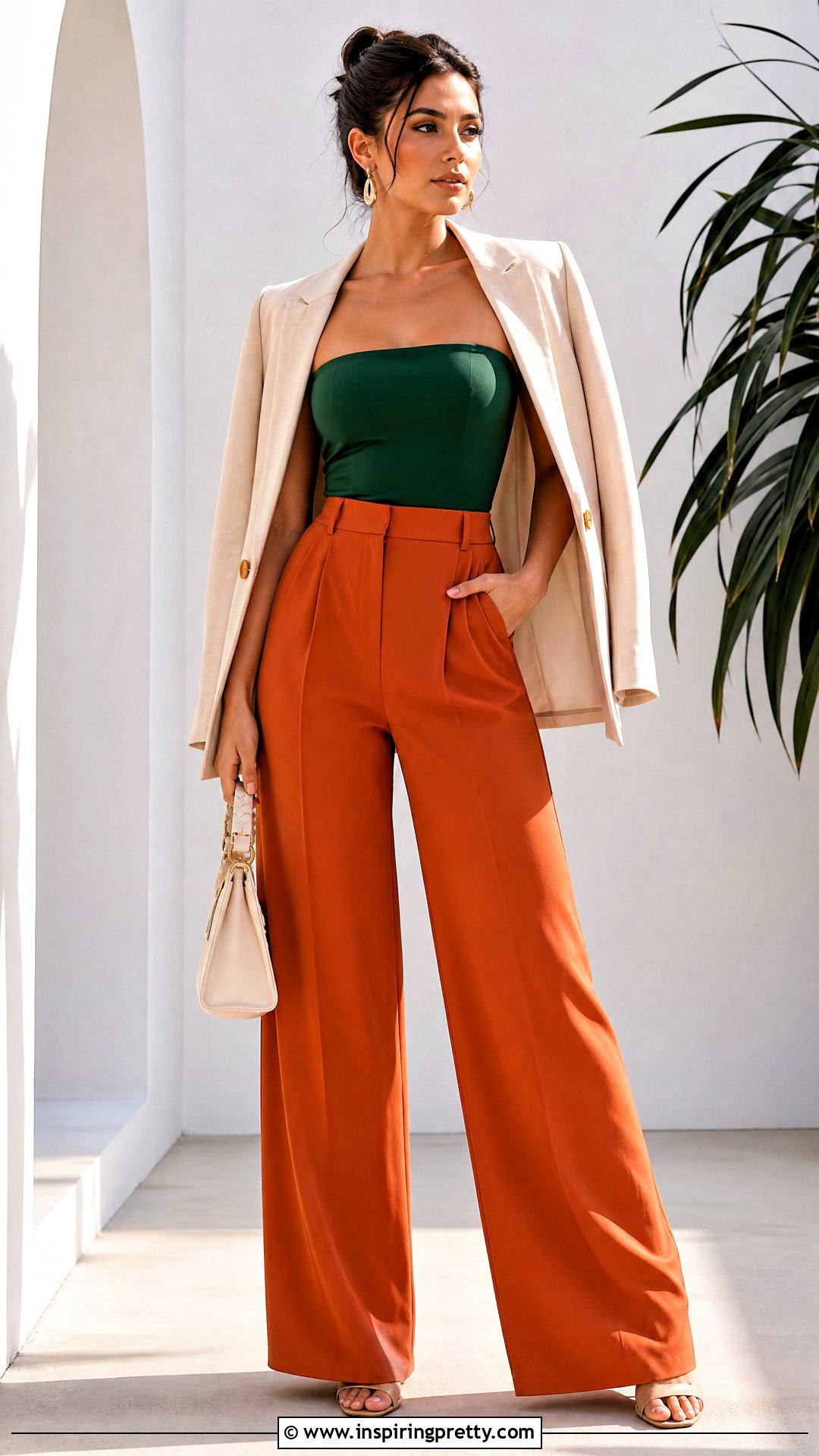 Green Tube Top With Orange Wide Leg Pants - 50 green tube top outfit ideas