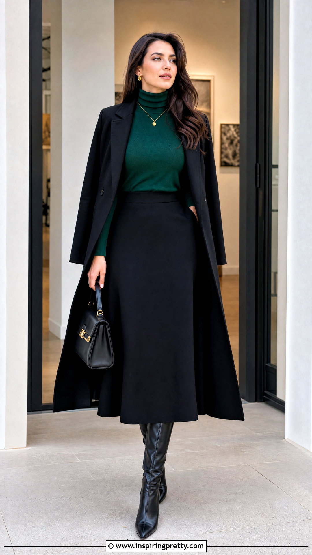 Green Turtleneck Top With Black Midi Skirt - 50 Turtle Neck Top outfit ideas