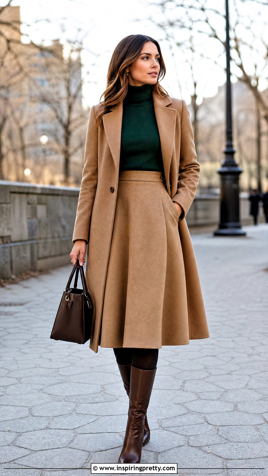 Green Turtleneck With A Line Skirt - 50 green tops outfit ideas