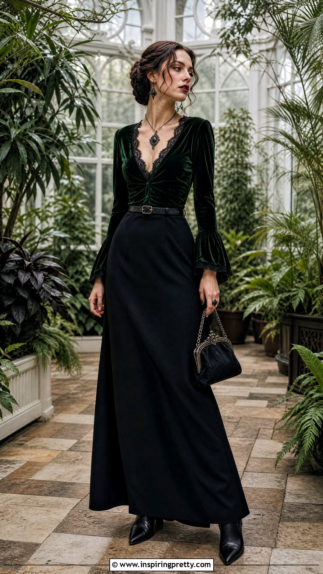 Green Velvet Goth Top With Black Maxi Skirt - 50 goth tops outfit ideas