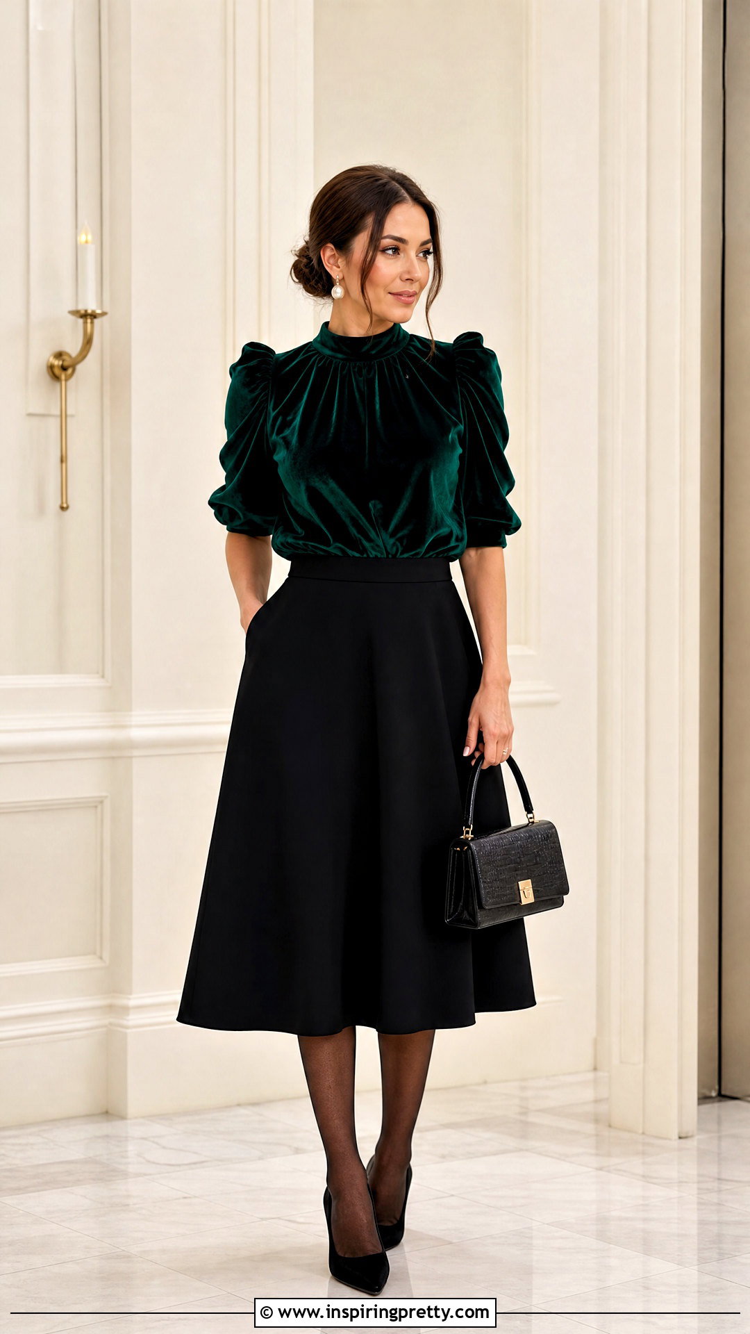 Green Velvet Top With Black Midi Skirt - What To Wear With Green Velvet Top (25 Ways)